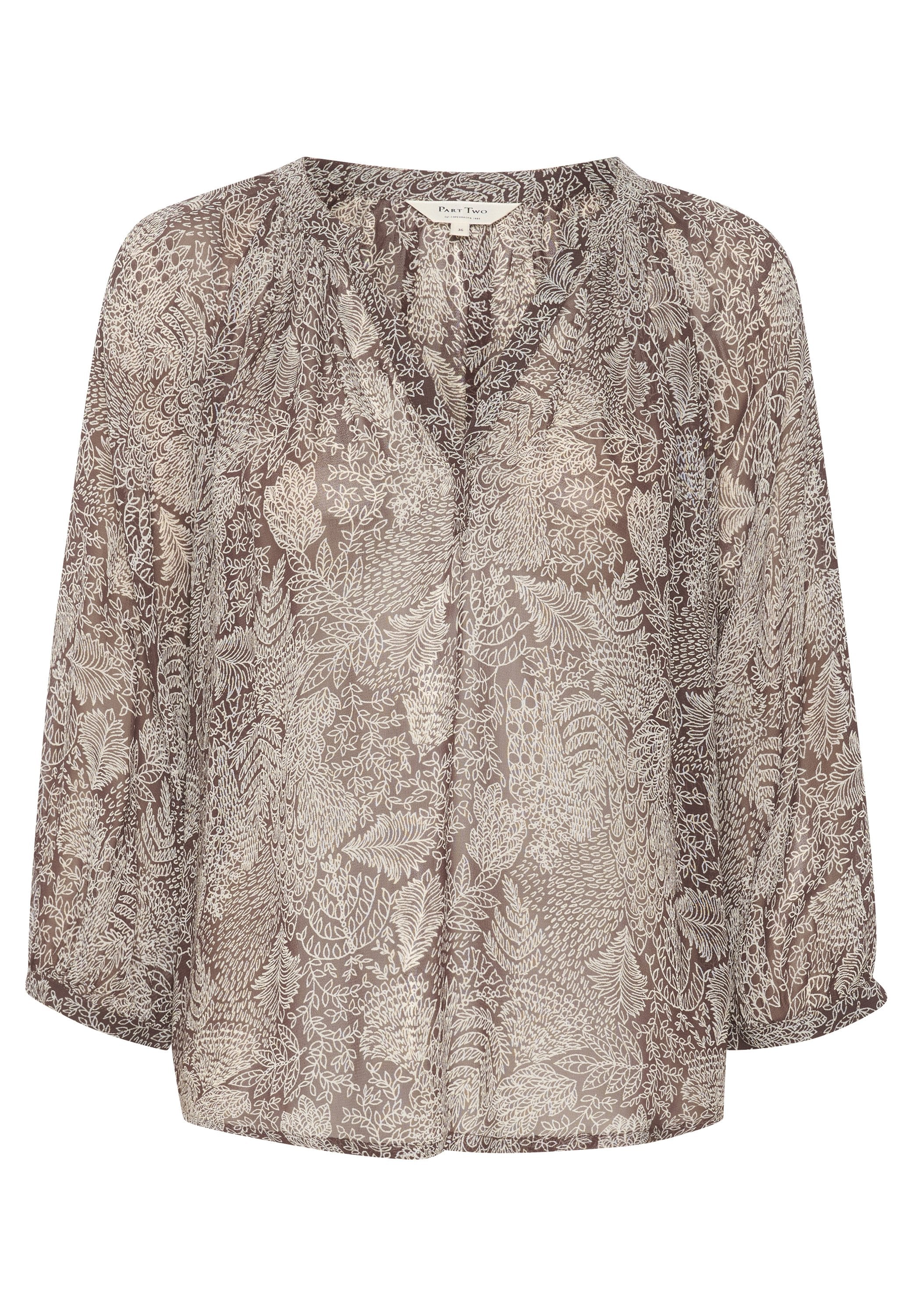 Braune transparente Bluse mit einem floralem Muster in Creme. Verfügt über einen V-Ausschnitt, Dreiviertelärmel und eine lockere Passform. Leichte Stoffstruktur.