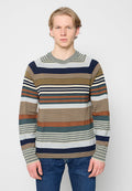 Gestreifter Pullover mit langen Ärmeln in Blau-, Grün-, Braun- und Grautönen; mit einem gerippten Halsausschnitt und strukturierter Stoff.