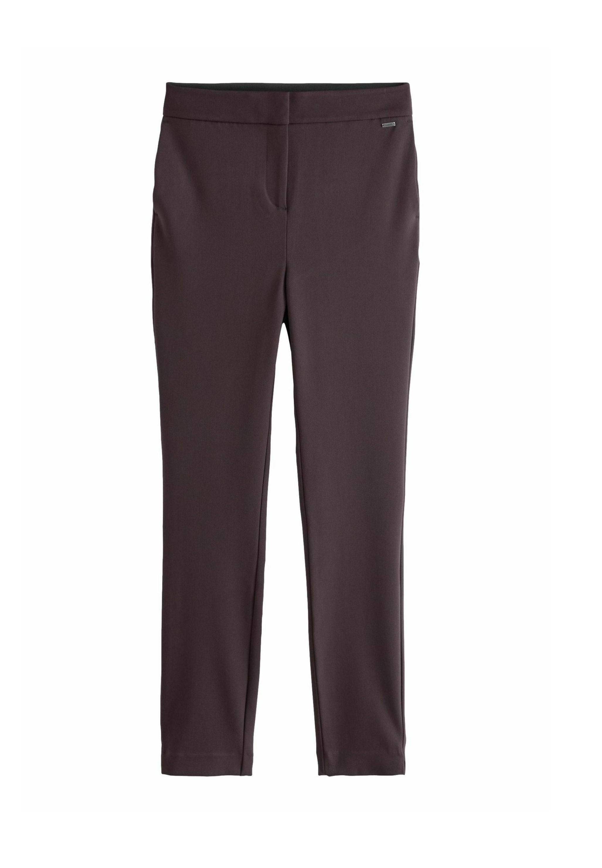 Dunkelviolette Hose aus Stretchmaterial mit glatter Textur, slim fit und einem unauffälligen Bund ohne sichtbare Beschläge.