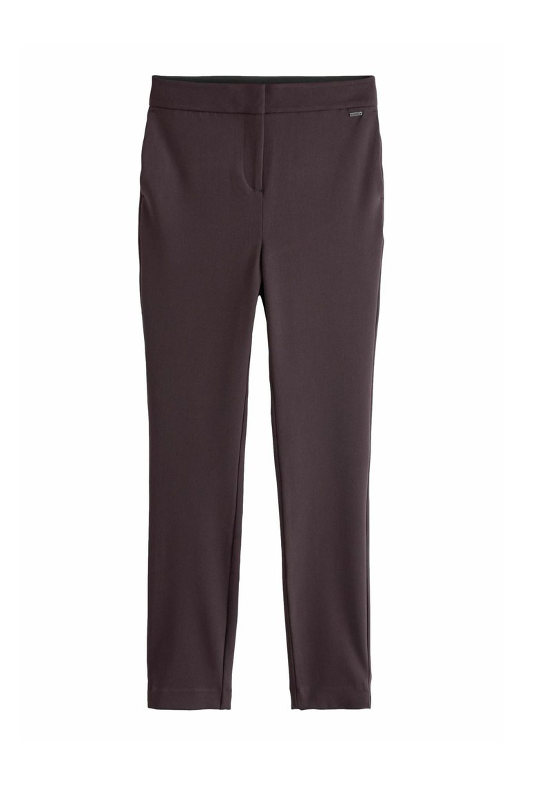 Dunkelviolette Hose aus Stretchmaterial mit glatter Textur, slim fit und einem unauffälligen Bund ohne sichtbare Beschläge.