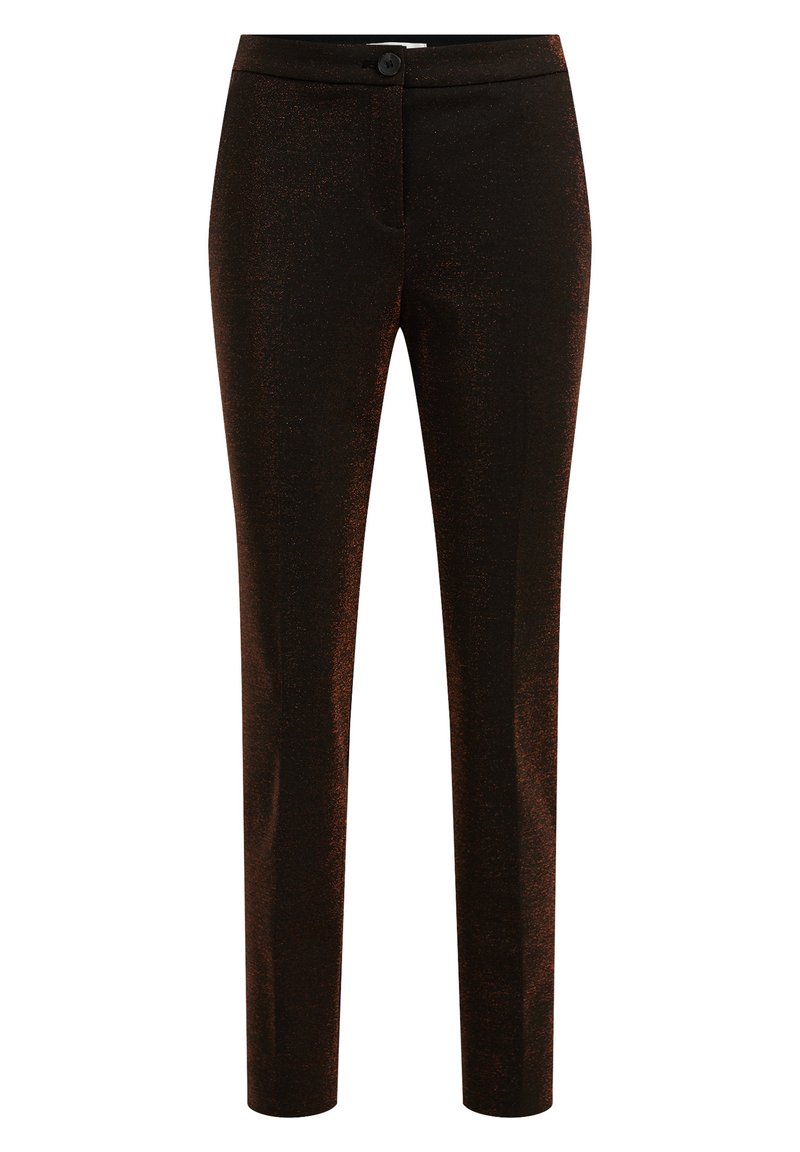 Schwarz hochtaillierte, figurbetonte Hose mit glitzernden bronzefarbenen Sprenkeln, mit einem vorderen Knopfverschluss und schlanken, zulaufenden Beinen.
