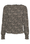 Schwarze Bluse mit langen Ärmeln und kleinen beige Blütenmustern, gerafftem Oberteil, Rüschensaum, -bündchen und -halsauschnitt.