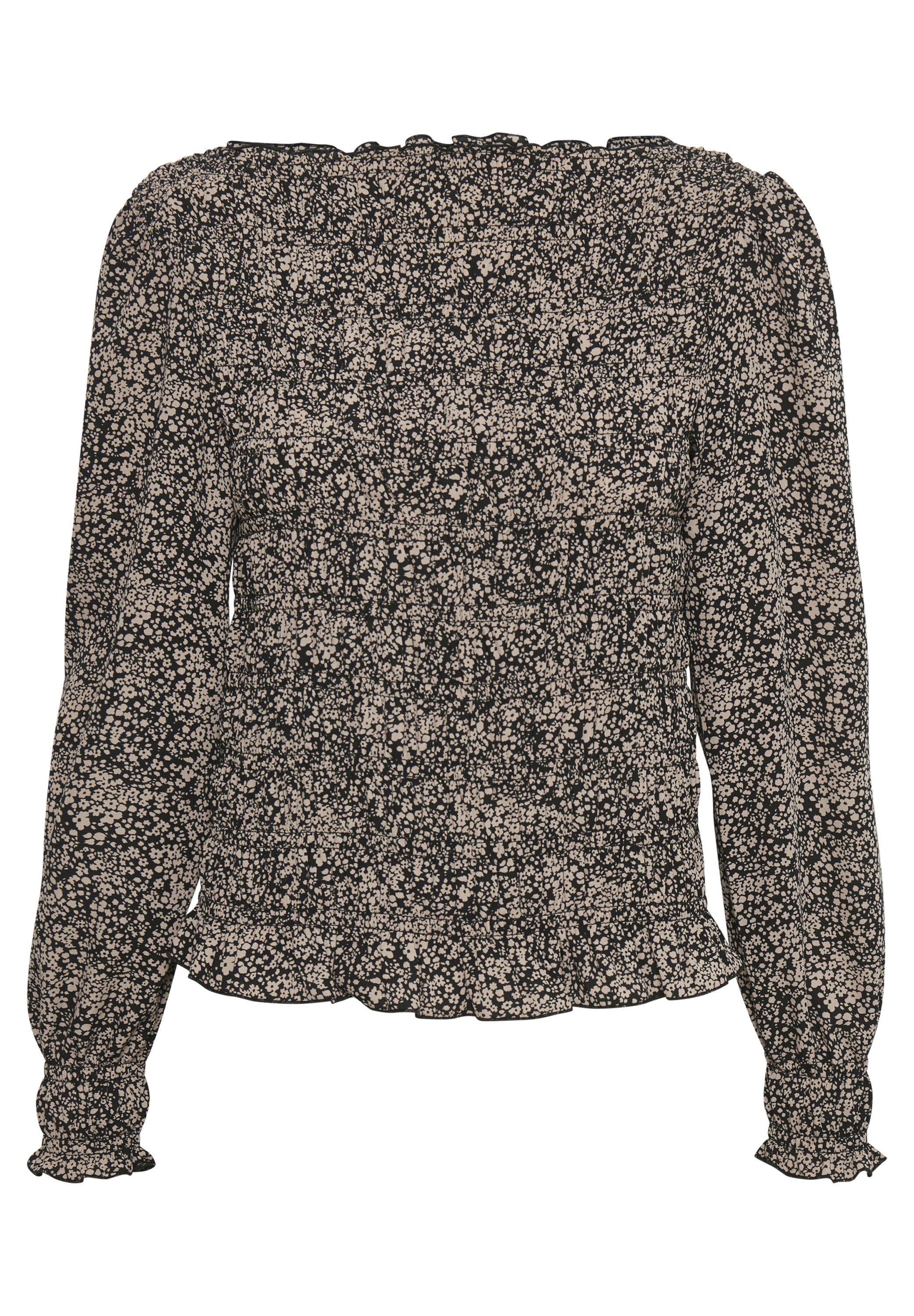 Schwarze Bluse mit langen Ärmeln und kleinen beige Blütenmustern, gerafftem Oberteil, Rüschensaum, -bündchen und -halsauschnitt.