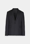 Schwarzer Blazer aus glattem Stoff, mit einem Knopf, Reverskragen und zwei Fronttaschen. Maßgeschneiderte Passform mit einer strukturierten Silhouette.