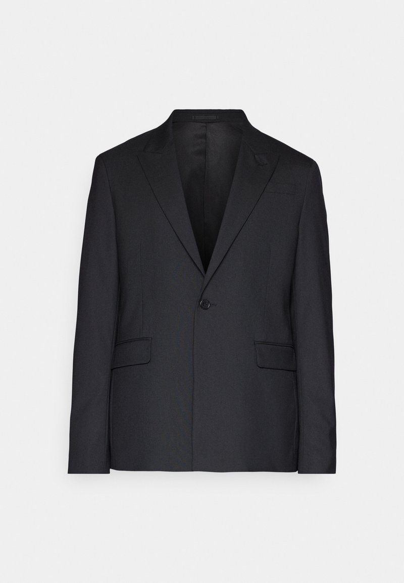 Schwarzer Blazer aus glattem Stoff, mit einem Knopf, Reverskragen und zwei Fronttaschen. Maßgeschneiderte Passform mit einer strukturierten Silhouette.