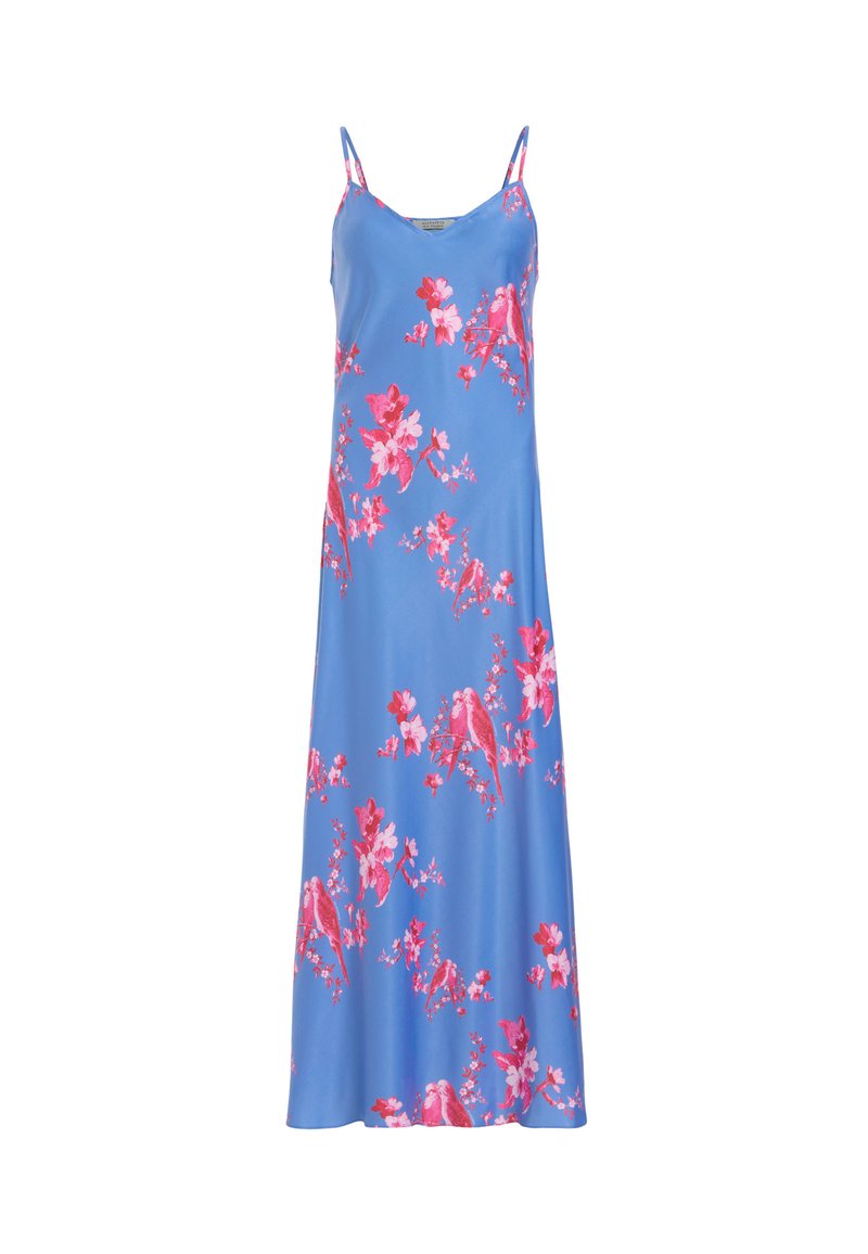 Blaues Slip-Kleid mit dünnen Trägern, versehen mit einem floralen Muster in Pink und Rot sowie Vögeln. Hergestellt aus glattem, leichtem Material.