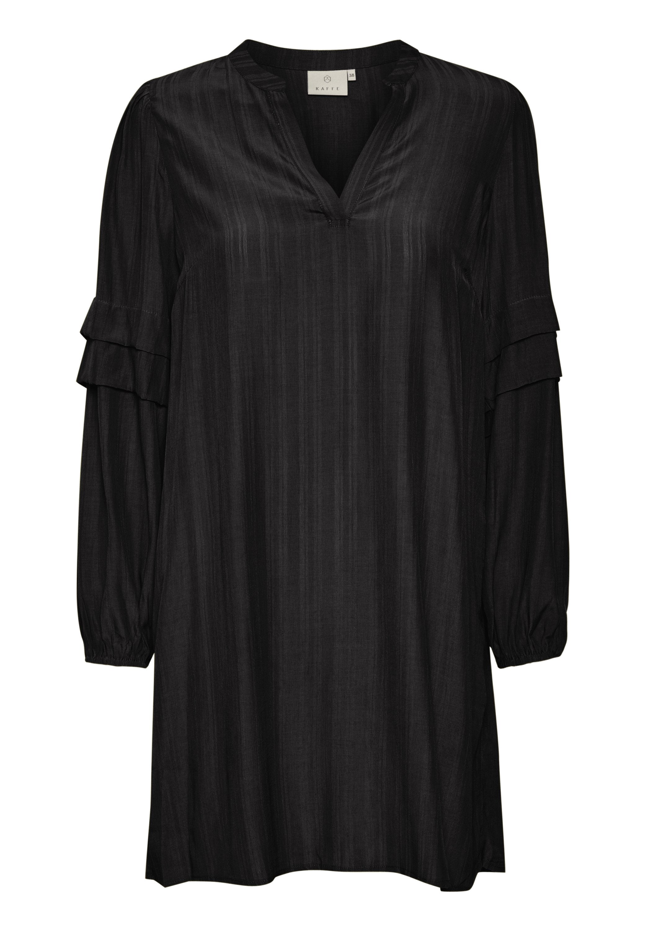 Schwarzes Tunika-Kleid mit langen Ärmeln, V-Ausschnitt und Rüschendetails an den Ärmeln. Glatter Stoff mit subtilen vertikalen Streifen. Lockere Passform.