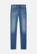 Schmale Jeans aus Denim in verblasstem Blau, mit fünf Taschen, Kontrastnähten und einem Reißverschluss mit Knopfverschluss.