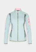 Hellblaue Damenjacke mit Reißverschluss und pinken Akzenten, grauen Seitenpaneelen, Reißverschlusstaschen an den Seiten und am Arm sowie hohem Kragen.