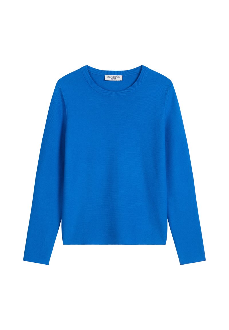 Blauer Pullover mit langen Ärmeln und rundem Ausschnitt. Hergestellt aus einem weichen, strukturierten Stoff. Verfügt über einen geraden Saum und dezente Nähdetails.