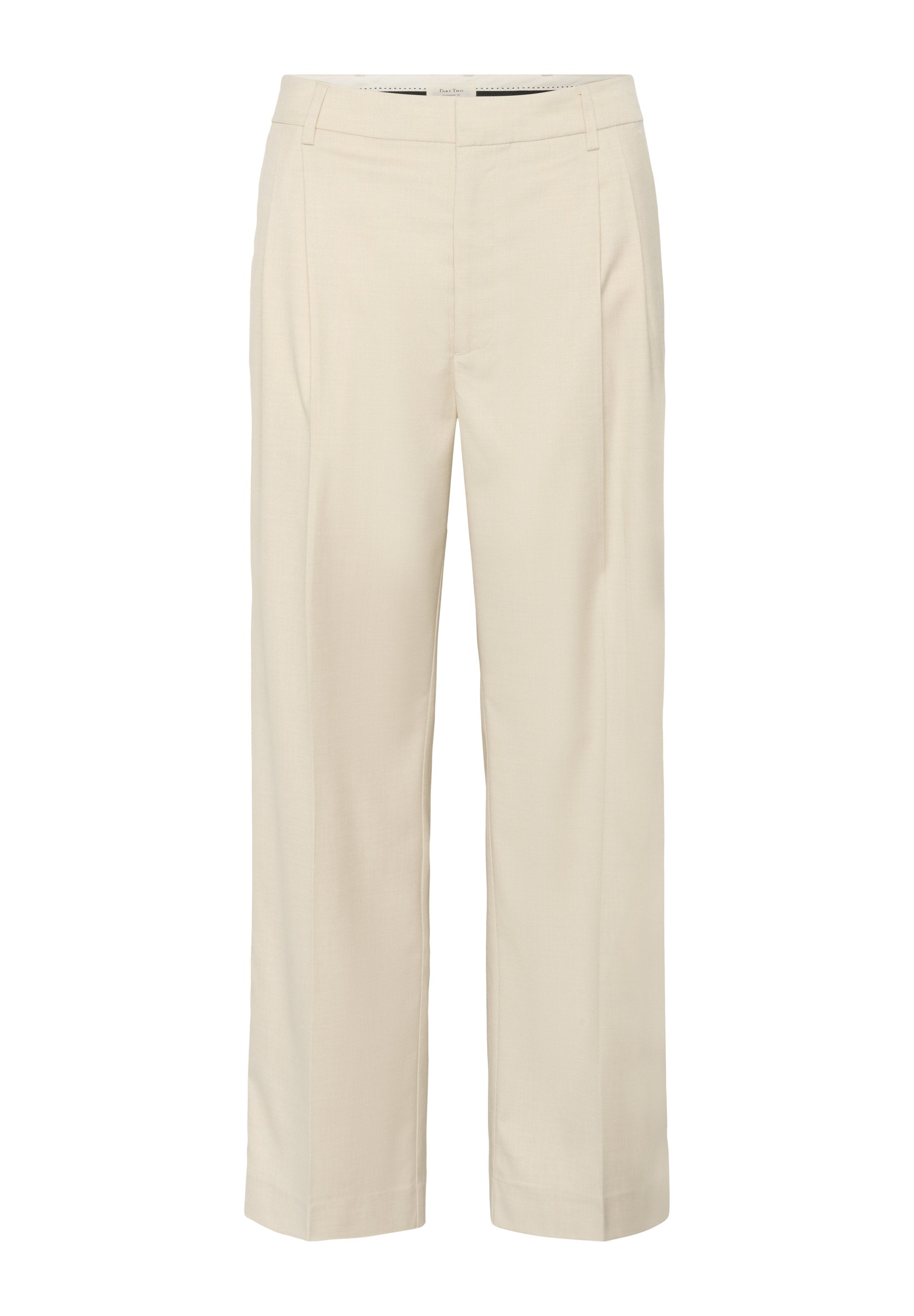 Beige maßgeschneiderte Hose mit geradem Schnitt, ausgestattet mit frontalen Falten und Seitentaschen. Hergestellt aus leichtem Stoff mit glatter Textur.