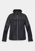 Schwarze Jacke mit Kapuze, ausgestattet mit einem strukturierten oberen Teil, zwei Reißverschlusstaschen auf der Brust und elastischen Bündchen. Leichtes, wetterbeständiges Material.