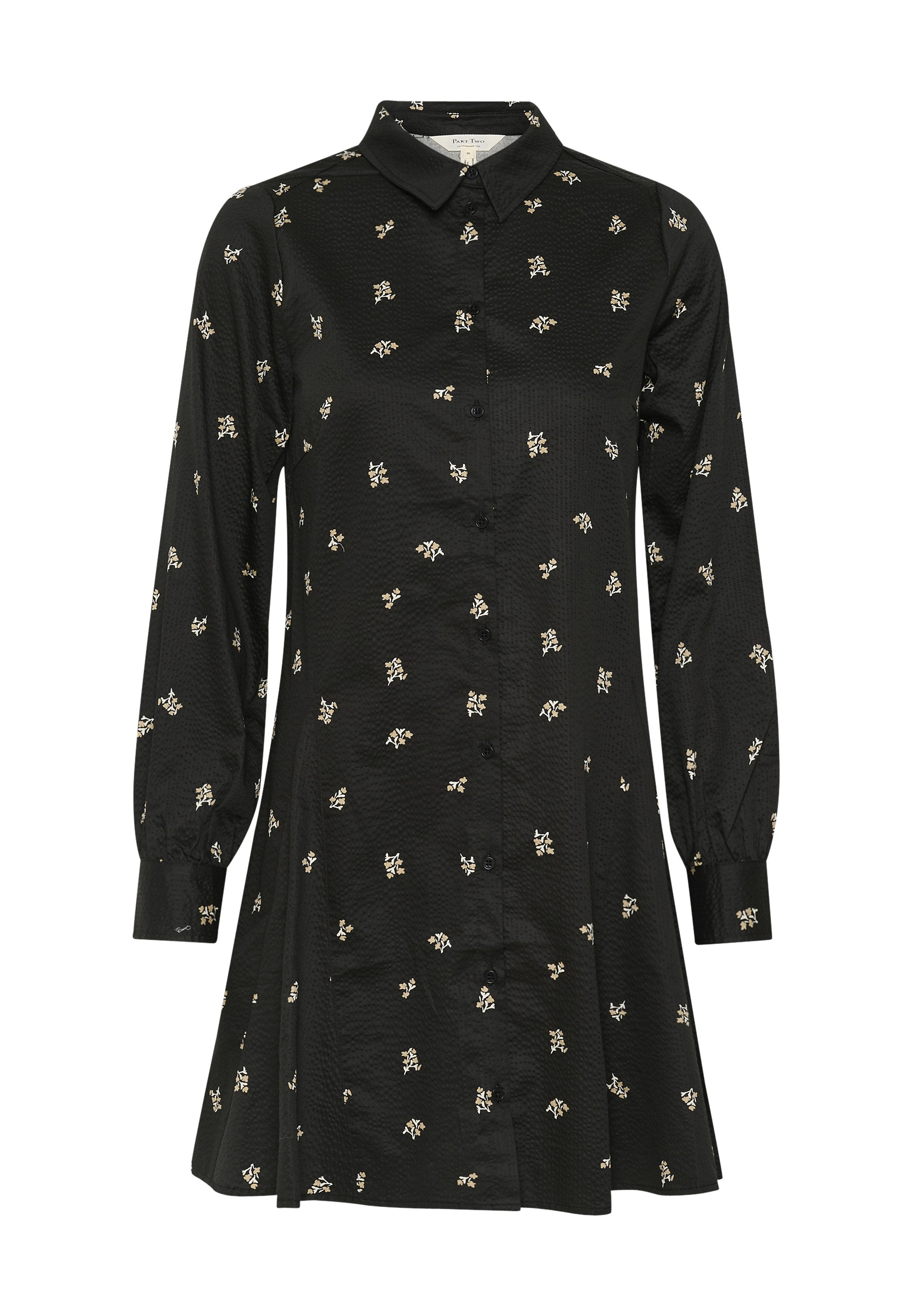 Schwarzes Hemdkleid mit langen Ärmeln, das einen strukturierten Stoff und kleine florale Muster in Weiß und Hellgelb aufweist.