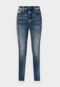 Dunkelblaue Denim-Jeans mit hoher Taille, schmaler Passform, fünf Taschen und einem verwaschenen Look mit Kontrastnähten und Metallknopfverschluss.