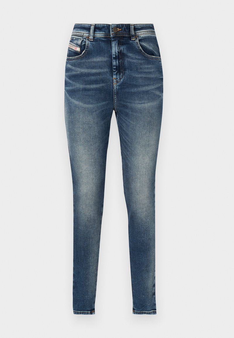 Dunkelblaue Denim-Jeans mit hoher Taille, schmaler Passform, fünf Taschen und einem verwaschenen Look mit Kontrastnähten und Metallknopfverschluss.