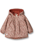 Jacket mit Blumenmuster in zartem Rosa, verfügt über ein rotes Innenfutter und eine Kapuze, elastische Bündchen und einen Druckknopfverschluss vorne. Geeignet für kühleres Wetter.