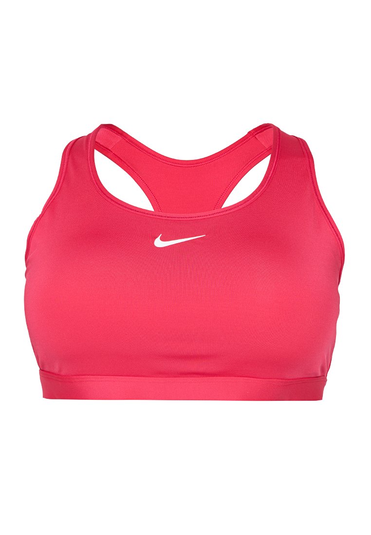 Rosa Sport-BH aus glattem, dehnbarem Material. Verfügt über ein Racerback-Design und ein kleines weißes Nike-Logo in der Mitte vorne.