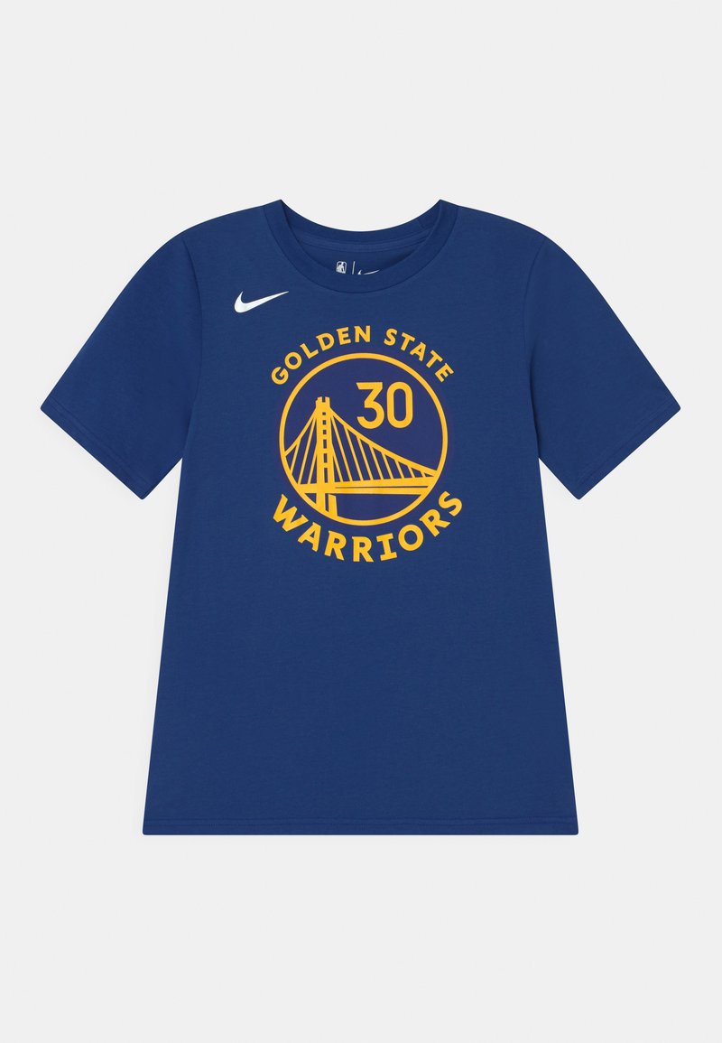 Blaues Baumwoll-T-Shirt mit einem runden Grafikdesign, das "GOLDEN STATE WARRIORS" und ein Brückenmotiv in Gelb zeigt. Nike-Logo auf der linken Schulter.