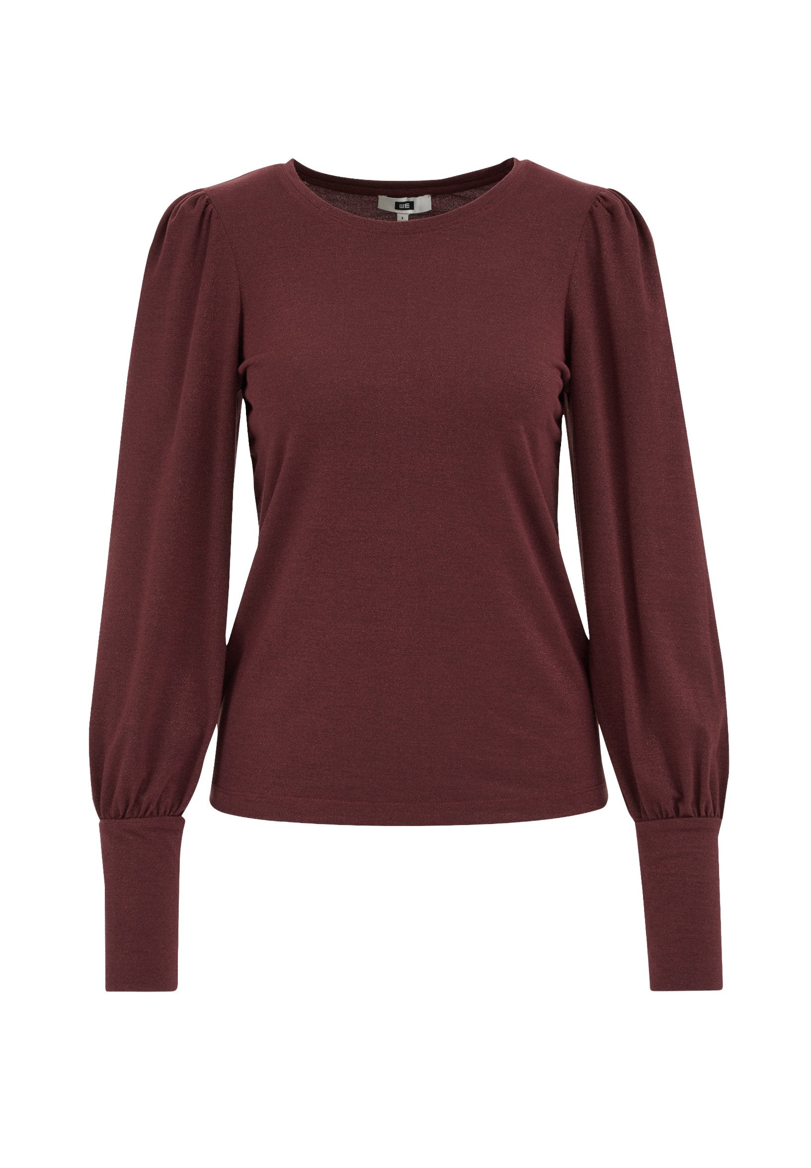 Dunkelrotweinfarbenes Langarm-Blusenshirt mit aufgeblähten Schultern und breiten Manschetten, mit einem runden Halsausschnitt und figurbetonter Silhouette.