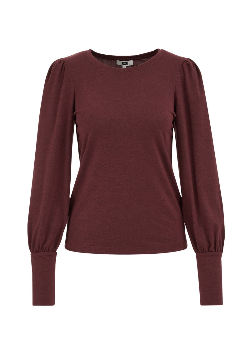 Dunkelrotweinfarbenes Langarm-Blusenshirt mit aufgeblähten Schultern und breiten Manschetten, mit einem runden Halsausschnitt und figurbetonter Silhouette.
