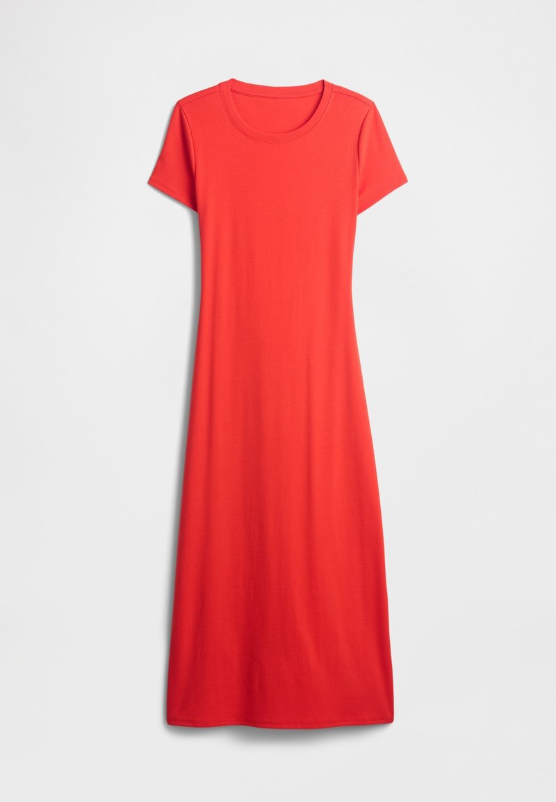 Rotes, kurzärmeliges, knielanges Kleid aus glattem Stoff mit rundem Ausschnitt und lockerem Sitz. Einfaches, einfarbiges Design.