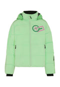 Gepolsterte grüne Jacke mit Reißverschluss, Kapuze, schwarzer Innenfütterung, Frontlogo, zwei seitlichen Reißverschlusstaschen und elastischen Bündchen.