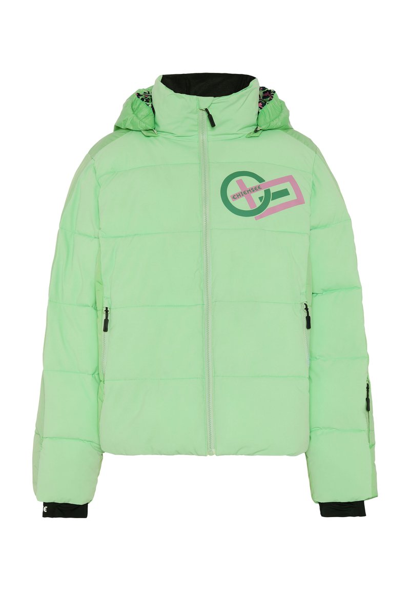 Gepolsterte grüne Jacke mit Reißverschluss, Kapuze, schwarzer Innenfütterung, Frontlogo, zwei seitlichen Reißverschlusstaschen und elastischen Bündchen.