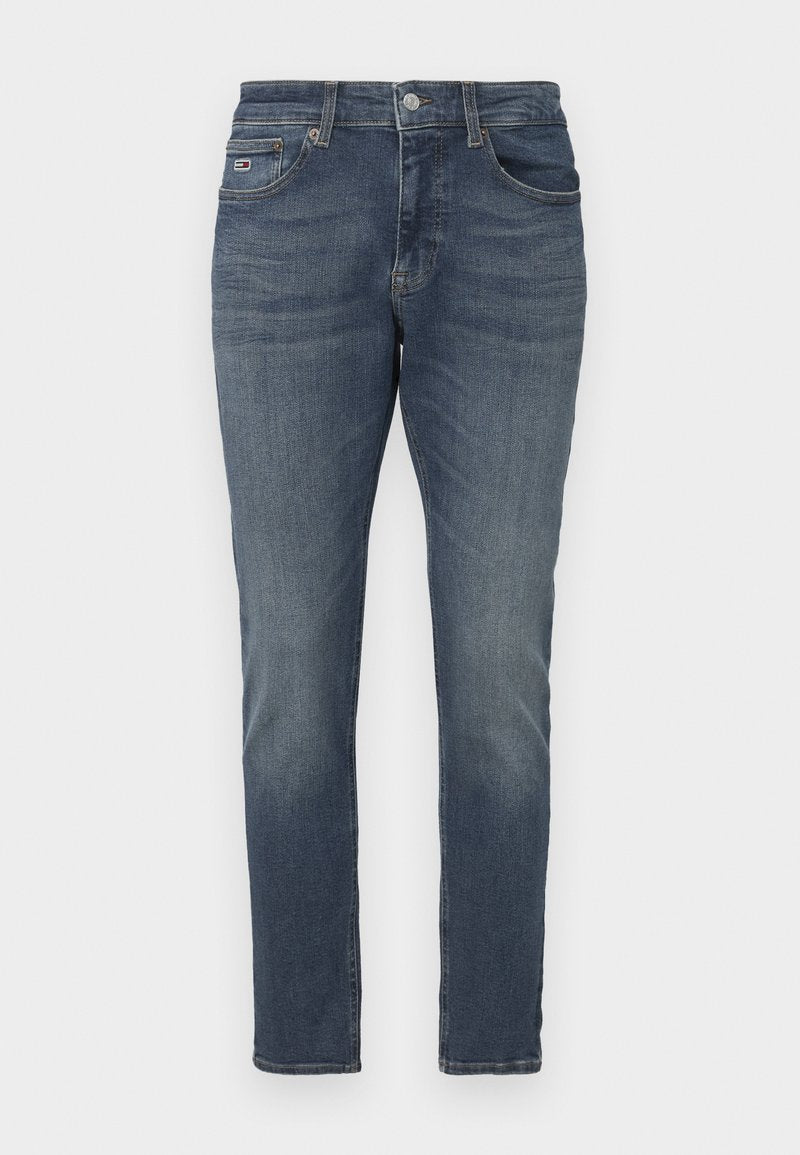 Denim-Jeans in einem dunkelblauen Farbton, gerader Schnitt mit leicht ausgebleichtem Stoff, ausgestattet mit Vordertaschen und einem klassischen Bund.