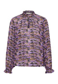Durchsichtige Bluse mit langen Ärmeln in lila, braun und schwarzem abstraktem Muster. Hoher Halsausschnitt mit gerafftem Detail und Rüschensäumen.