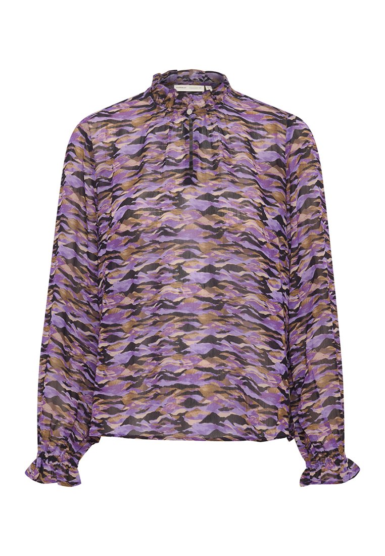 Durchsichtige Bluse mit langen Ärmeln in lila, braun und schwarzem abstraktem Muster. Hoher Halsausschnitt mit gerafftem Detail und Rüschensäumen.