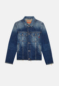 Männerjeansjacke aus verblasstem blauem Denim mit Knopfverschluss, zwei aufgesetzten Brusttaschen, Seitentaschen sowie fransigem Saum und Ärmeln.
