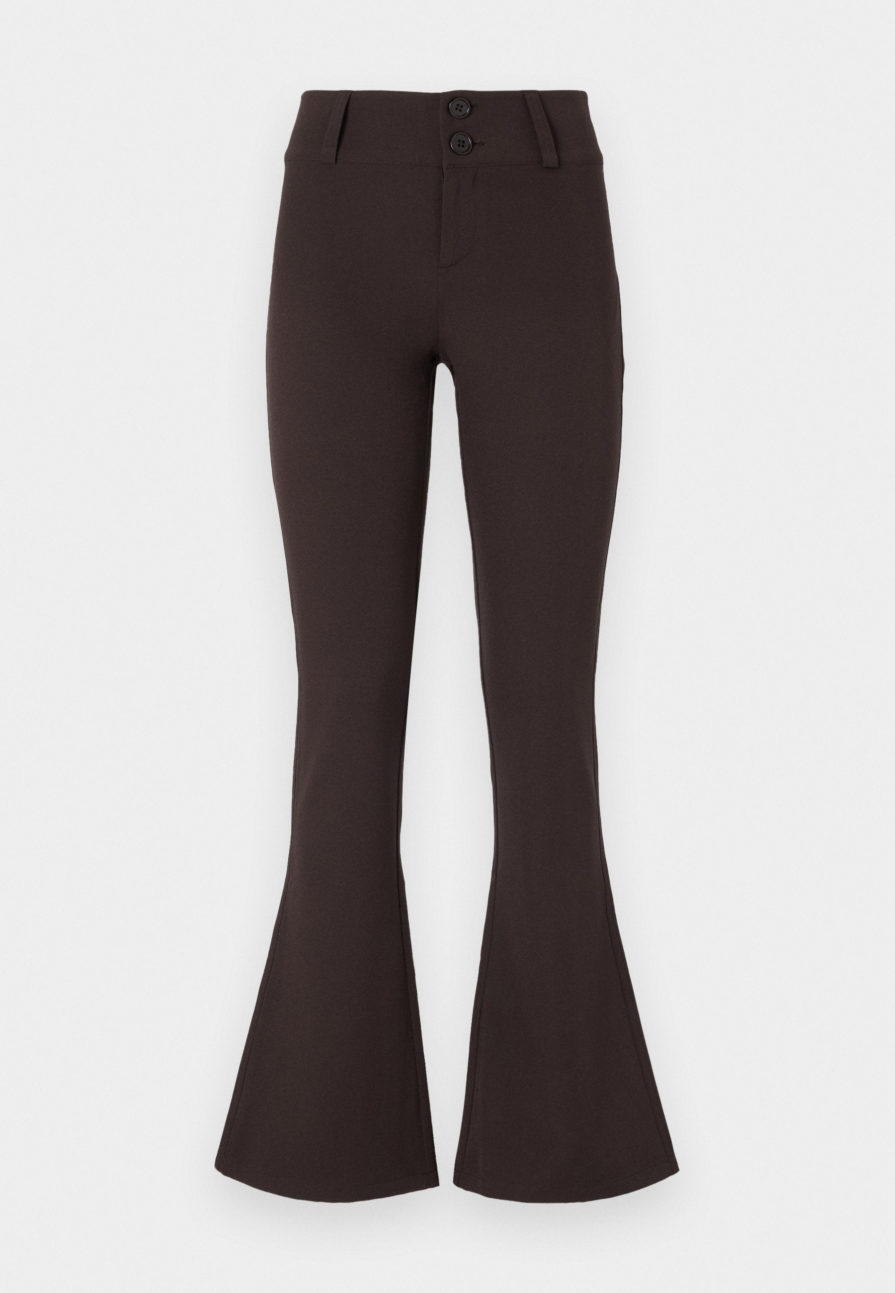 Braune ausgestellte Hosen aus elastischem Stoff. Sie haben eine hohe Taille mit zwei Knöpfen und eine glatte Textur. Keine Muster oder Verzierungen.