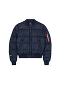 Marineblau gesteppte Bomberjacke mit Frontreißverschluss, geripptem Kragen und Bündchen, zwei Hosentaschen und einer roten Reißverschlusstasche am Ärmel.
