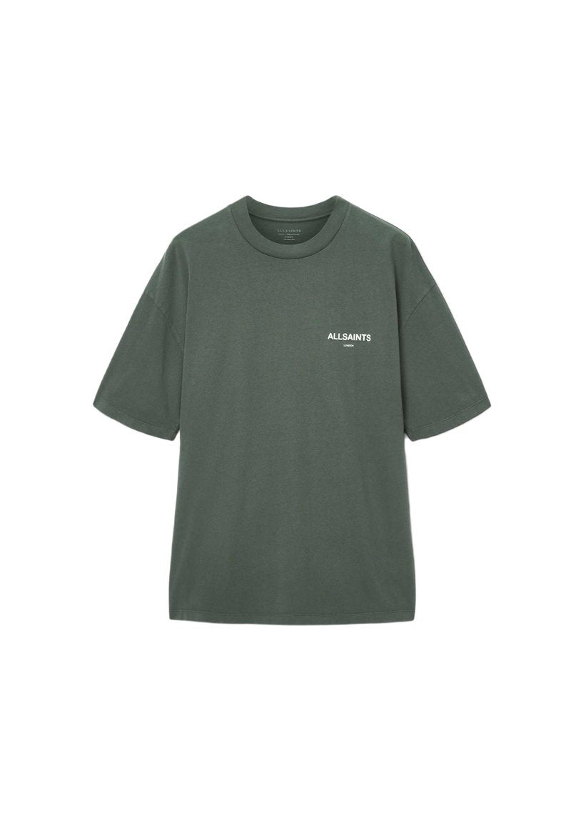 Dunkelgrünes Baumwoll-T-Shirt mit kurzen Ärmeln, runder Halslinie und weißem "ALLSAINTS"-Logo im linken Brustbereich. Weicher Stoff, lässige Passform.