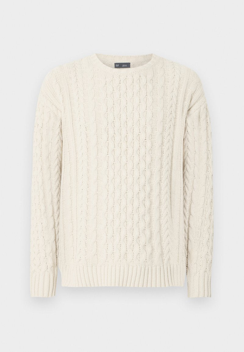 Zopfmuster-Pullover in Off-White mit rundem Ausschnitt, gerippten Bündchen und Saum sowie strukturierten Mustern im gesamten Stoff.