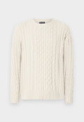Zopfmuster-Pullover in Off-White mit rundem Ausschnitt, gerippten Bündchen und Saum sowie strukturierten Mustern im gesamten Stoff.