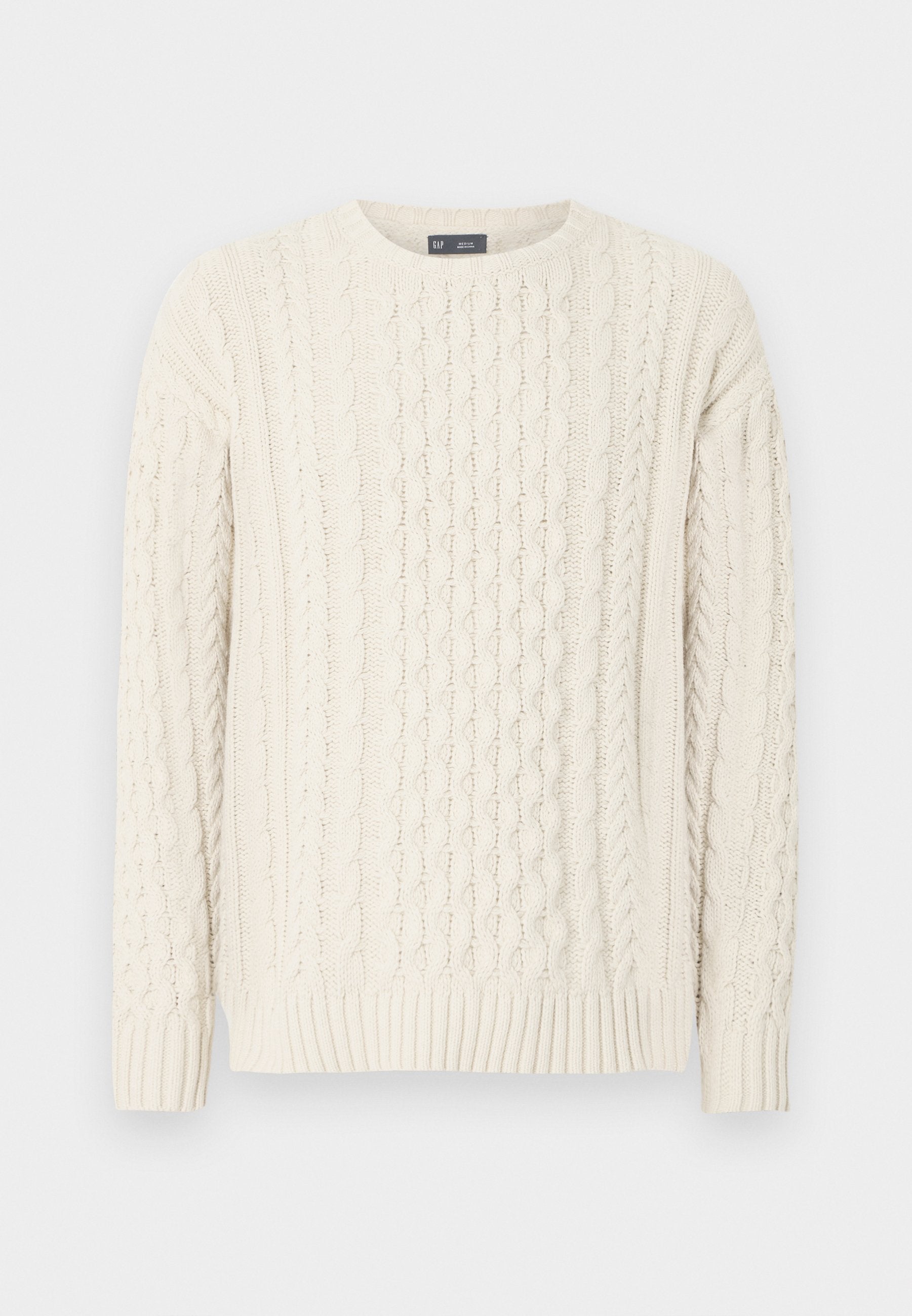Zopfmuster-Pullover in Off-White mit rundem Ausschnitt, gerippten Bündchen und Saum sowie strukturierten Mustern im gesamten Stoff.