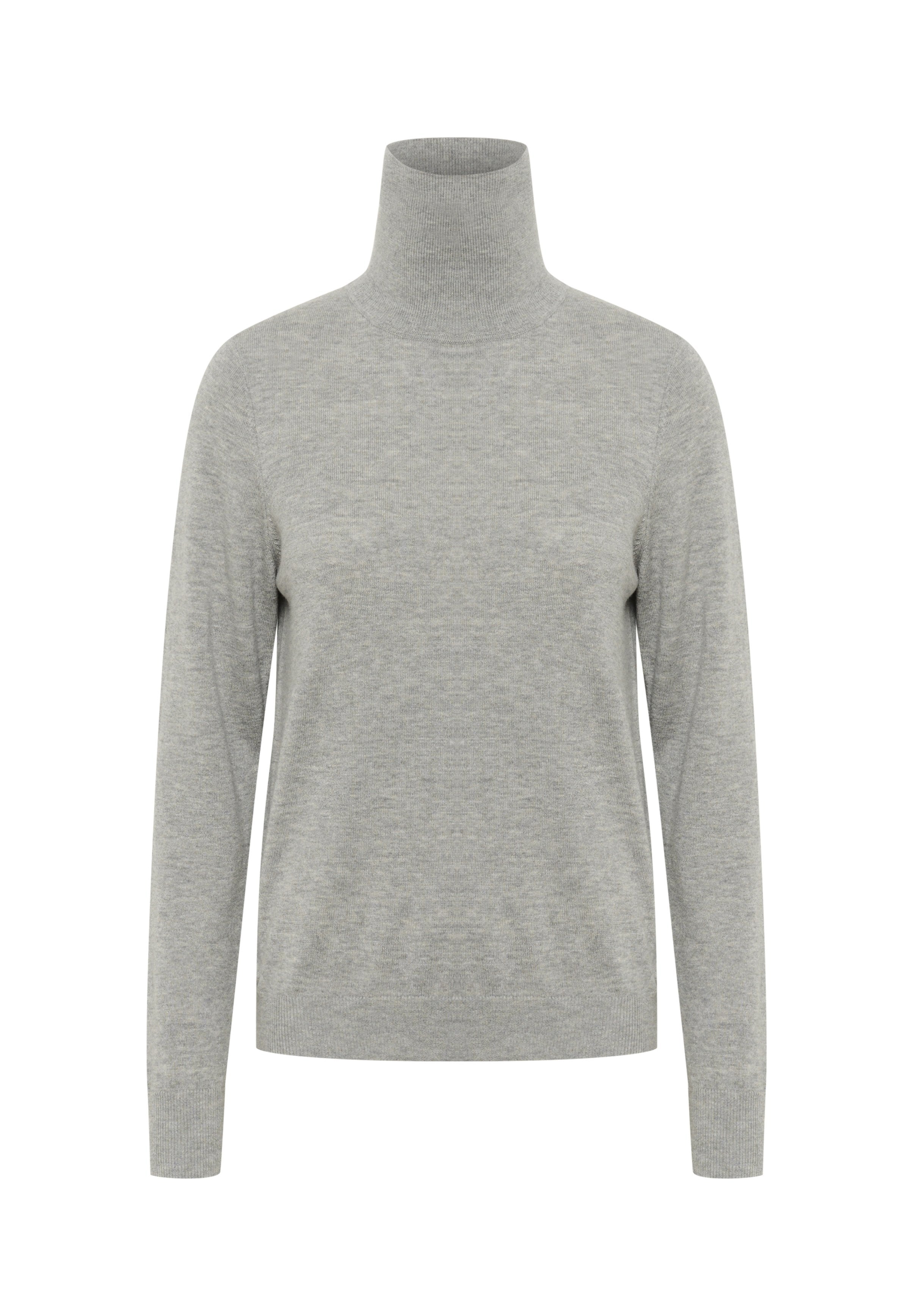 Hellgrauer Rollkragenpullover, lange Ärmel, gerippter Kragen und Bündchen, weicher Stricktextur, minimalistisches Design ohne Muster oder Akzente.