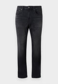 Schwarze Slim-Fit-Jeans mit verwaschenem Look, Five-Pocket-Design, Knopfverschluss und dezentem Markenlogo auf der Vorderseite der rechten Tasche.