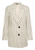 Gestreifter Blazer aus leichtem Stoff in Creme und Marineblau, mit Reverskragen, zwei vorderen Taschen und zwei schwarzen Knöpfen.