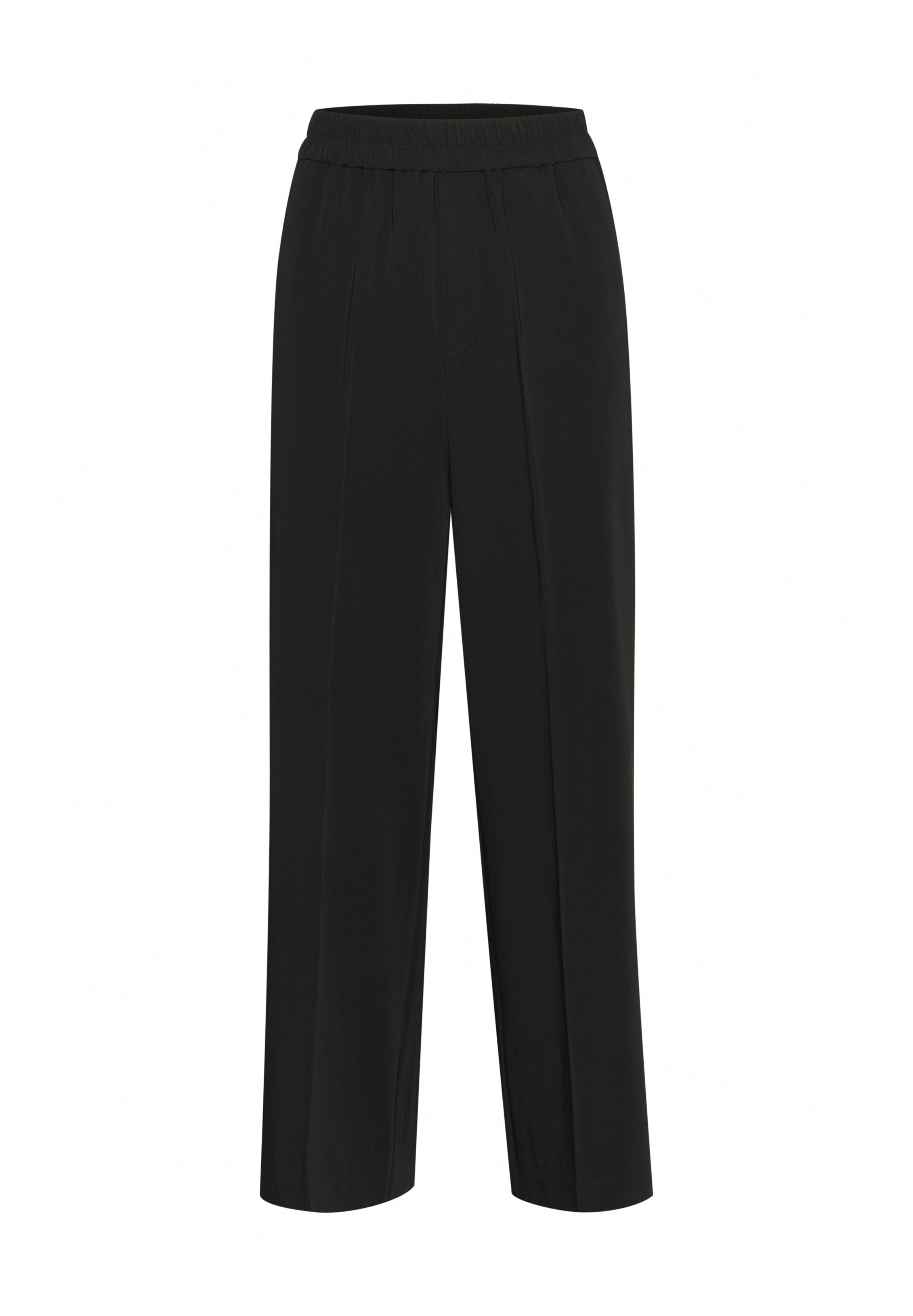 Schwarze weite Hosen mit elastischem Bund, glatter Textur und vorderen Falten für zusätzliche Details. Einfaches, vielseitiges Design.