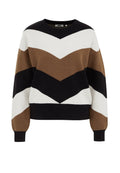 Pullover mit einem Zickzackmuster in Braun, Schwarz und Weiß. Er hat einen Rundhalsausschnitt und lange Ärmel und bietet eine lockere Passform.