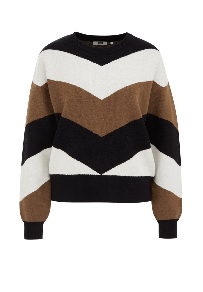 Pullover mit einem Zickzackmuster in Braun, Schwarz und Weiß. Er hat einen Rundhalsausschnitt und lange Ärmel und bietet eine lockere Passform.