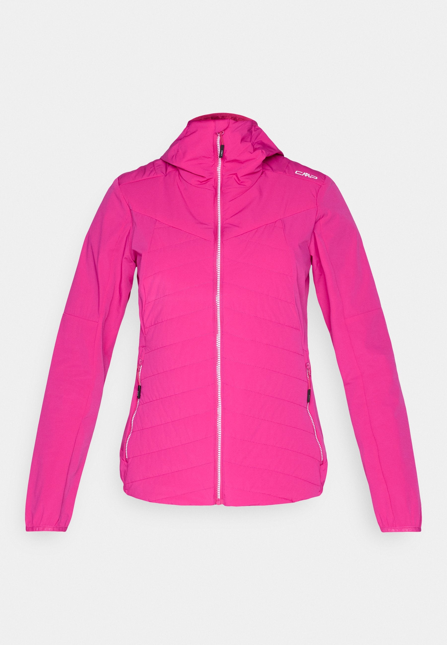 Helles pinkes Zip-up-Jacke mit Kapuze, langen Ärmeln, zwei seitlichen Reißverschlusstaschen und einem kleinen weißen Logo auf der oberen linken Schulter.