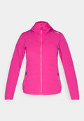 Helles pinkes Zip-up-Jacke mit Kapuze, langen Ärmeln, zwei seitlichen Reißverschlusstaschen und einem kleinen weißen Logo auf der oberen linken Schulter.