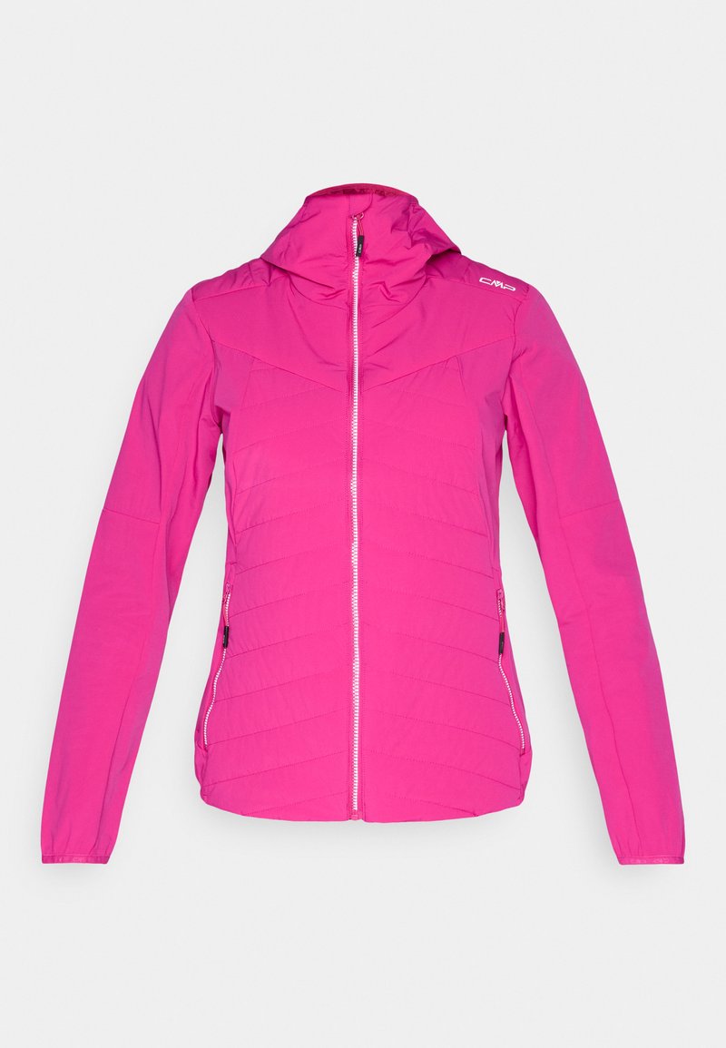 Helles pinkes Zip-up-Jacke mit Kapuze, langen Ärmeln, zwei seitlichen Reißverschlusstaschen und einem kleinen weißen Logo auf der oberen linken Schulter.