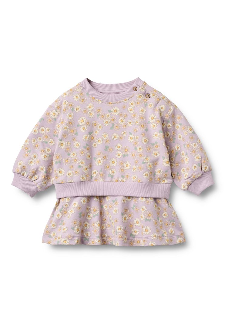 Hellviolettes Langarmshirt mit gesammeltem Peplum, bedruckt mit gelben Gänseblümchen, und mit gerippten Bündchen sowie Halsausschnitt mit Knopfdetails.