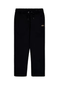 Schwarze Sweatpants aus weichem Stoff, mit elastischem Bund und Kordelzug sowie einem kleinen goldenen Logo auf dem linken Oberschenkel.