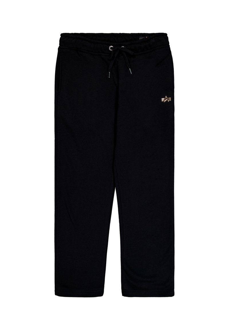 Schwarze Sweatpants aus weichem Stoff, mit elastischem Bund und Kordelzug sowie einem kleinen goldenen Logo auf dem linken Oberschenkel.