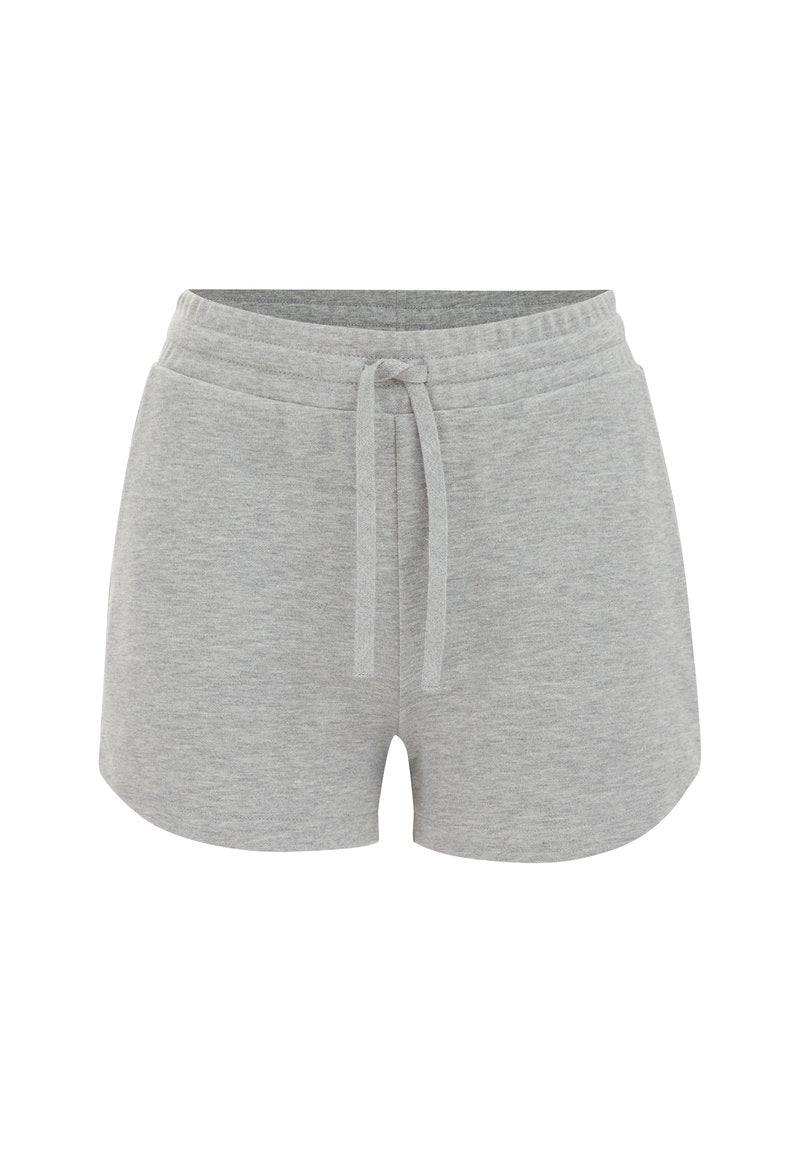 Graue Baumwollshorts mit lockerer Passform, elastischem Bund und verstellbarem Kordelzug. Geschmeidige Textur, einfaches Design und keine zusätzlichen Muster.